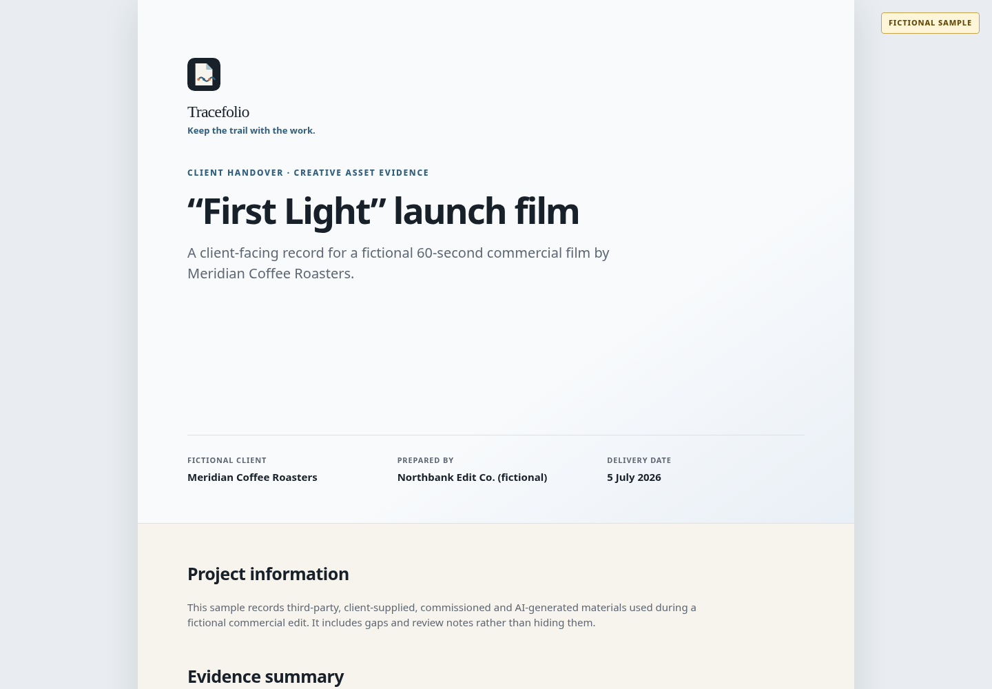 Cover of the fictional First Light commercial-video evidence pack sample