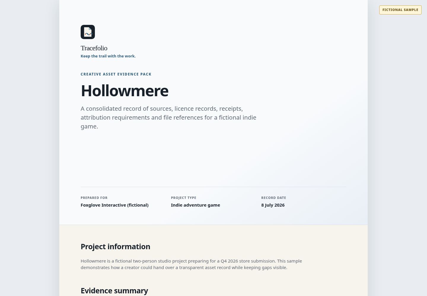 Cover of the fictional Hollowmere indie-game evidence pack sample